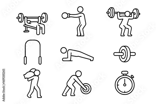Strength Icons Grid. Outline icon set of Strength and conditioning: barbell press, kettlebell swing, weighted