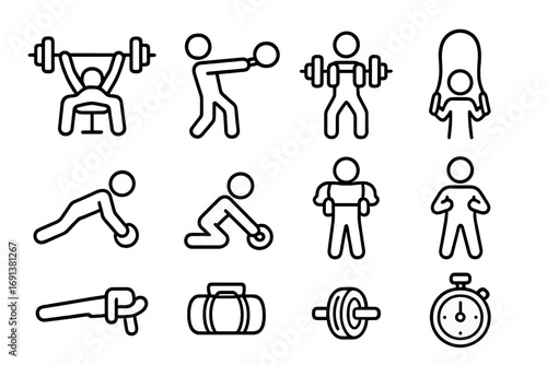 Strength Icons Grid. Outline icon set of Strength and conditioning: barbell press, kettlebell swing, weighted