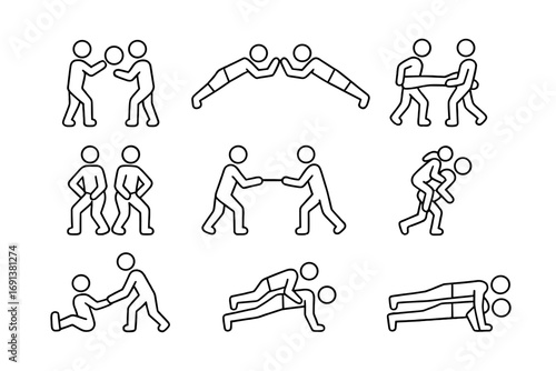 Partner Workout Icons. Outline icon set of Partner workouts: medicine ball toss, plank high-five, wheelbarrow