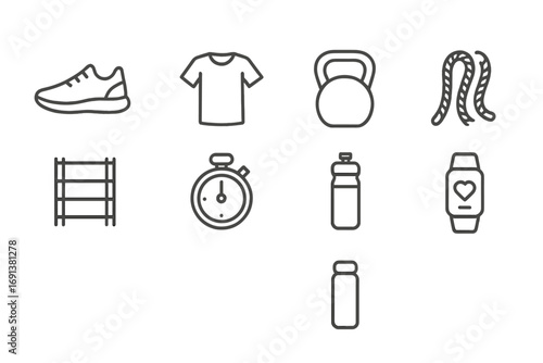 Outdoor Sports Gear Icons. Outline icon set of Outdoor sports gear: sneakers, sportswear, kettlebell, battle
