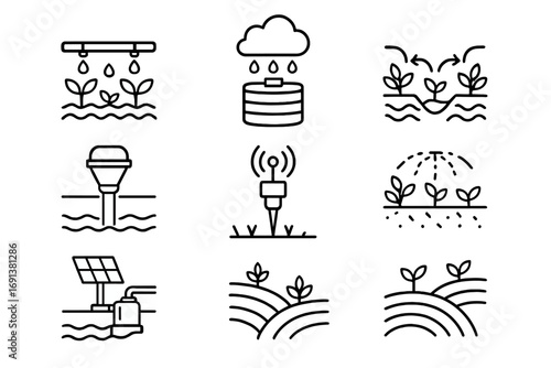 Sustainable Irrigation Icons. Outline icon set of Sustainable irrigation: drip irrigation, rainwater tanks,