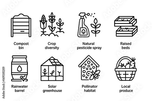 Organic Farming Icons. Outline icon set of Organic farming: compost bin, crop diversity, natural pesticide
