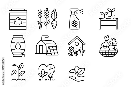 Organic Farming Icons. Outline icon set of Organic farming: compost bin, crop diversity, natural pesticide