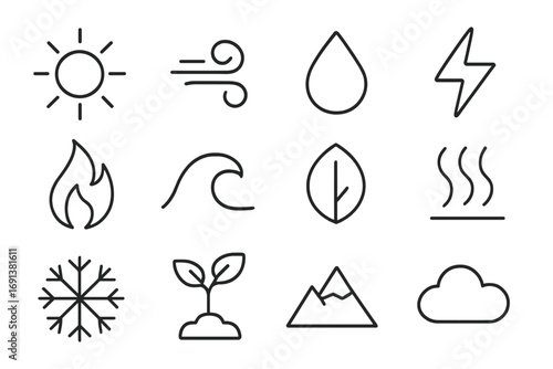 Natural Energy Icon Set. Outline icon set of Natural energy elements: sun rays, wind swirl, water drop, lightning bolt, fire flame