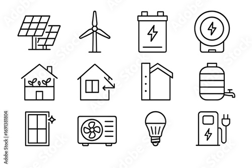 Net-Zero Energy Icons. Outline icon set of net-zero energy buildings: solar panels, wind turbine, battery storage, smart meter,