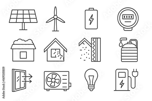 Net-Zero Energy Icons. Outline icon set of net-zero energy buildings: solar panels, wind turbine, battery storage, smart meter,