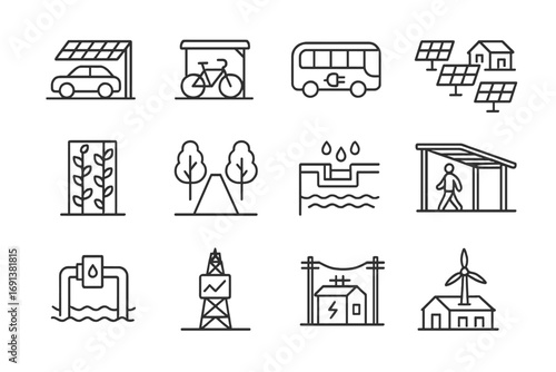 Net-Zero Icon Set. Outline icon set of urban net-zero planning: solar-covered parking, bike station, electric bus, community solar