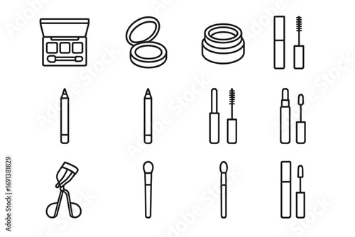 Neutral Makeup Icon Set. Outline icon set of Neutral eye makeup selection: nude eyeshadow palette, single taupe shadow, cream