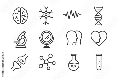Neuroscience Empathy Icons. Outline icon set of neuroscience of empathy: human brain, neuron connections, EEG wave, DNA strand,