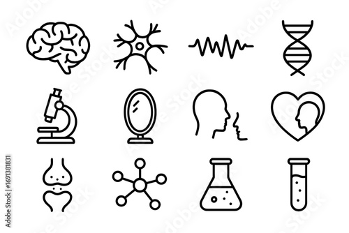 Neuroscience Empathy Icons. Outline icon set of neuroscience of empathy: human brain, neuron connections, EEG wave, DNA strand,
