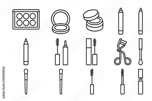 Neutral Makeup Icon Set. Outline icon set of Neutral eye makeup selection: nude eyeshadow palette, single taupe shadow, cream