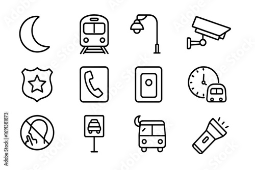 Night Service Icons. Outline icon set of night service and security: moon icon, night train, platform lamp, CCTV, patrol badge,