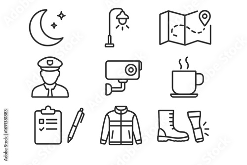 Night Shift Essentials. Outline icon set of night shift guard duties: moon icon, streetlight, patrol route map, guard silhouette,