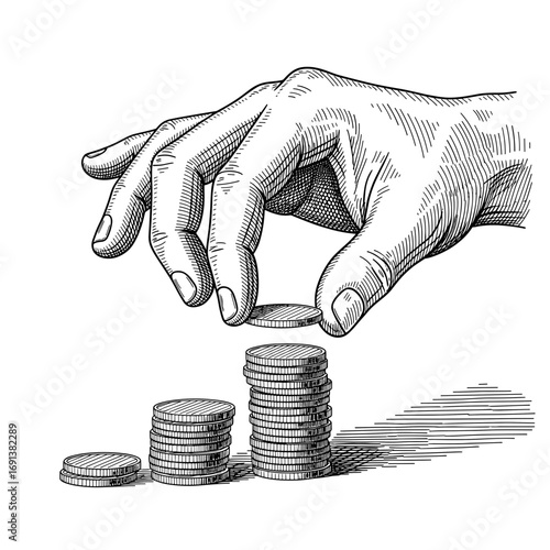 Male hand stacking coins – detailed hand-drawn black and white vintage sketch. A man’s hand carefully places coins into a pile. Ideal for finance, savings, economy, or investment-themed designs. svg