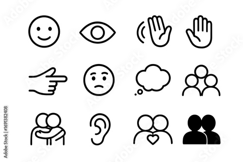 Nonverbal Communication Icons. Outline icon set of nonverbal communication: face expressions, open eye, mouth speaking, gesture