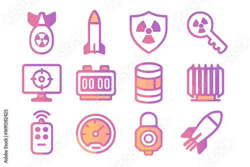Nuclear Device Icons. Gradient icons set of nuclear deflection devices: nuclear warhead, launch vehicle, radiation shield, safety