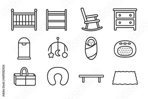 Nursery Essentials Icons. Outline icon set of nursery essentials: crib, changing table, rocking chair, small dresser, diaper pail,