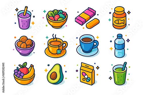 Nutrition Icons Set. Colorful isometric vector icons set of nutrition for productivity: smoothie, salad bowl, protein bar, omega-3