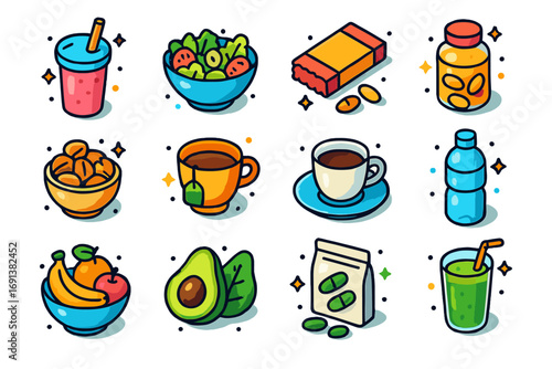 Nutrition Icons Set. Colorful isometric vector icons set of nutrition for productivity: smoothie, salad bowl, protein bar, omega-3