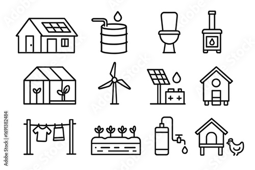 Off-Grid Living Icons. Outline icon set of off-grid living with solar: small cabin with solar panels, rainwater barrel, composting