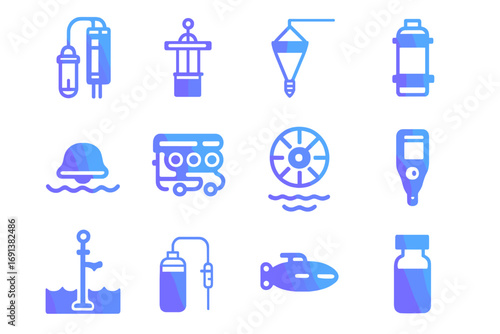 Oceanographic Equipment Icons. Gradient icons set of oceanographic research equipment: CTD profiler, sediment corer, plankton net,