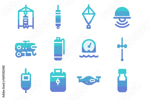 Oceanographic Equipment Icons. Gradient icons set of oceanographic research equipment: CTD profiler, sediment corer, plankton net,