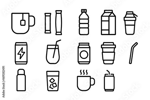 Office Drinks Icons. Outline icon set of quick office drinks: tea mug, instant coffee sachet, water bottle, juice carton, energy