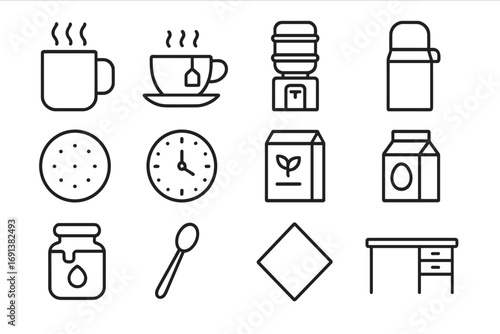 Office Break Icons. Outline icon set of office tea break essentials: coffee mug, tea cup, water cooler, thermos flask, biscuit,