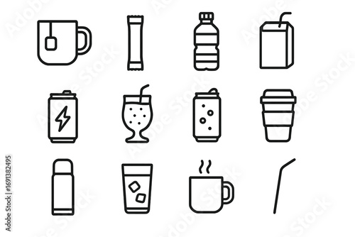 Office Drinks Icons. Outline icon set of quick office drinks: tea mug, instant coffee sachet, water bottle, juice carton, energy