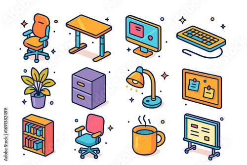 Office Icon Set. Colorful isometric vector icons set of office interior trends: ergonomic chair, standing desk, monitor, keyboard,