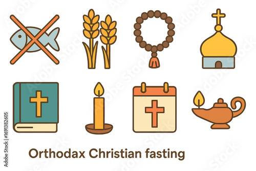 Orthodox Fasting Icons. Flat vector mini-illustrations Orthodox Christian fasting in colors children's illustrations: fish icon