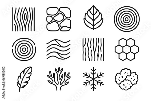 Organic Texture Icons. Outline icon set of Organic textures and patterns: wood grain, stone texture, leaf veins, tree rings,