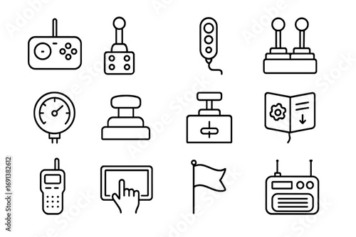 Operator Tools Icons. Outline icon set of operator control tools: remote control panel, joystick controller, wired remote, control