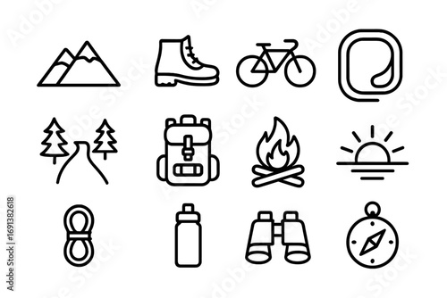 Outdoor Fitness Icons. Outline icon set of outdoor fitness: mountain, hiking boots, bicycle, running track, tree path, backpack,