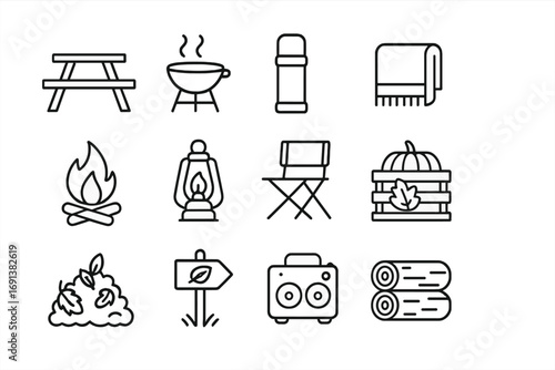 Outdoor Gathering Icons. Outline icon set of Outdoor Thanksgiving celebration: picnic table, portable grill, thermos, blanket,