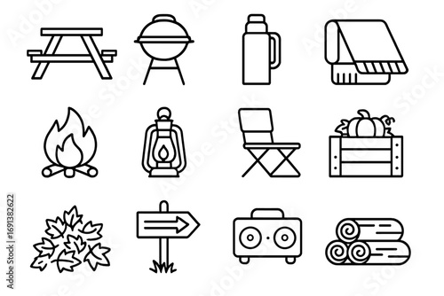 Outdoor Gathering Icons. Outline icon set of Outdoor Thanksgiving celebration: picnic table, portable grill, thermos, blanket,