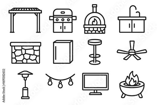 Outdoor Living Icons. Outline icon set of outdoor living and kitchen: pergola, grill station, pizza oven, sink, stone countertop,