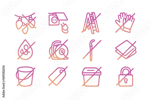 Outdoor Lights Removal Icons. Gradient icons set of removing outdoor lights: waterproof string lights, plug outdoor socket, ladder