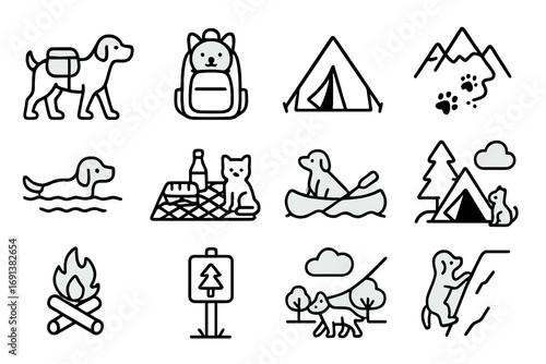 Outdoor Pet Adventure Icons. Outline icon set of outdoor pet adventures: dog hiking, cat in backpack, camping tent, mountain trail