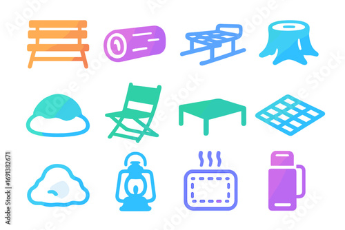 Outdoor Picnic Icons. Gradient icons set of outdoor picnic seating: wooden bench, log seat, sled bench, stump seat, cushion on