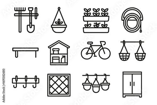 Outdoor Storage Icon Set. Outline icon set of outdoor vertical storage: garden tool rack, hanging planter, vertical garden, hose