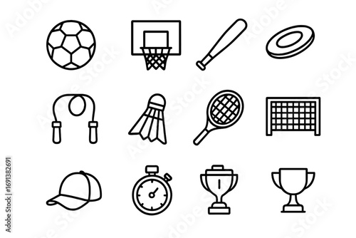 Outdoor Sports Icons. Outline icon set of outdoor sports games: soccer ball, basketball hoop, baseball bat, frisbee, jump rope,