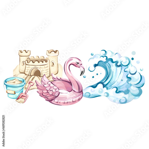 Summer beach vibes with a colorful inflatable flamingo and a castle made of sand beside crashing waves on a sunny day inviting relaxation and fun for the whole family