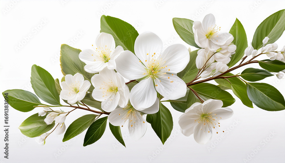 Fototapeta premium Blooming Branch With White Flowers And Green Leaves Floral Element Isolated On Transparent Background