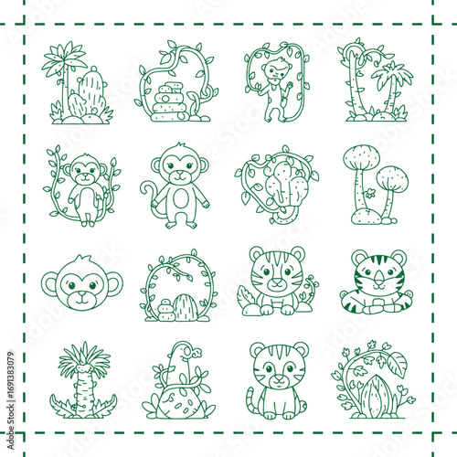 Cute Jungle Animals and Tropical Plants Line Art Set.