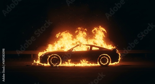 Fiery sports car silhouette ablaze dramatic flames engulfing vehicle intense inferno danger