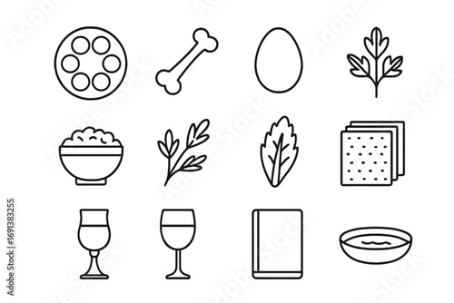Passover Seder Icons. Outline icon set of Passover Seder table: seder plate, shank bone, roasted egg, bitter herbs, charoset bowl,