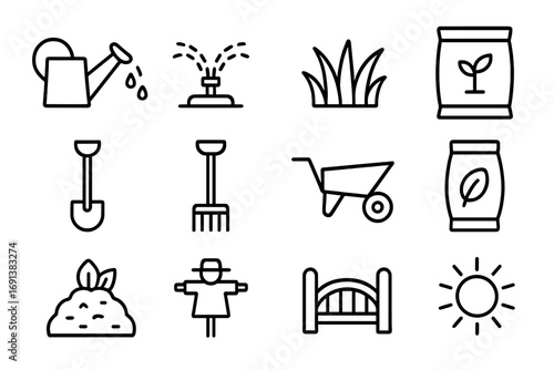 Pasture Care Icons. Outline icon set of pasture care: watering can, sprinkler, grass blades, fertilizer bag, shovel, rake,