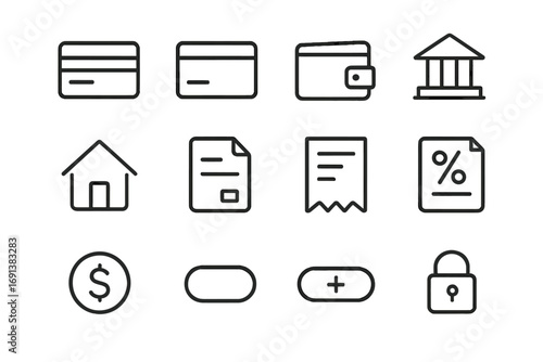 Payment Icons Set. Outline icon set of billing and payment methods: credit card, debit card, digital wallet, bank transfer,