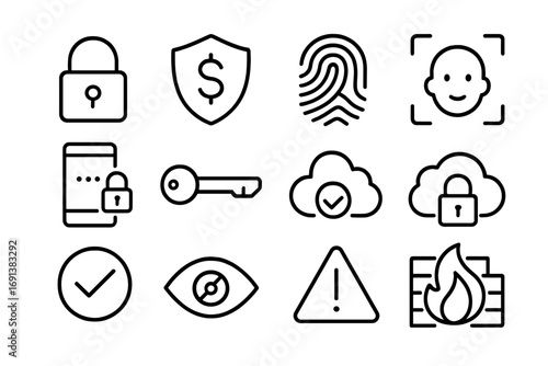Payment Security Icons. Outline icon set of payment security: padlock, shield with dollar sign, fingerprint, face scan, two-factor